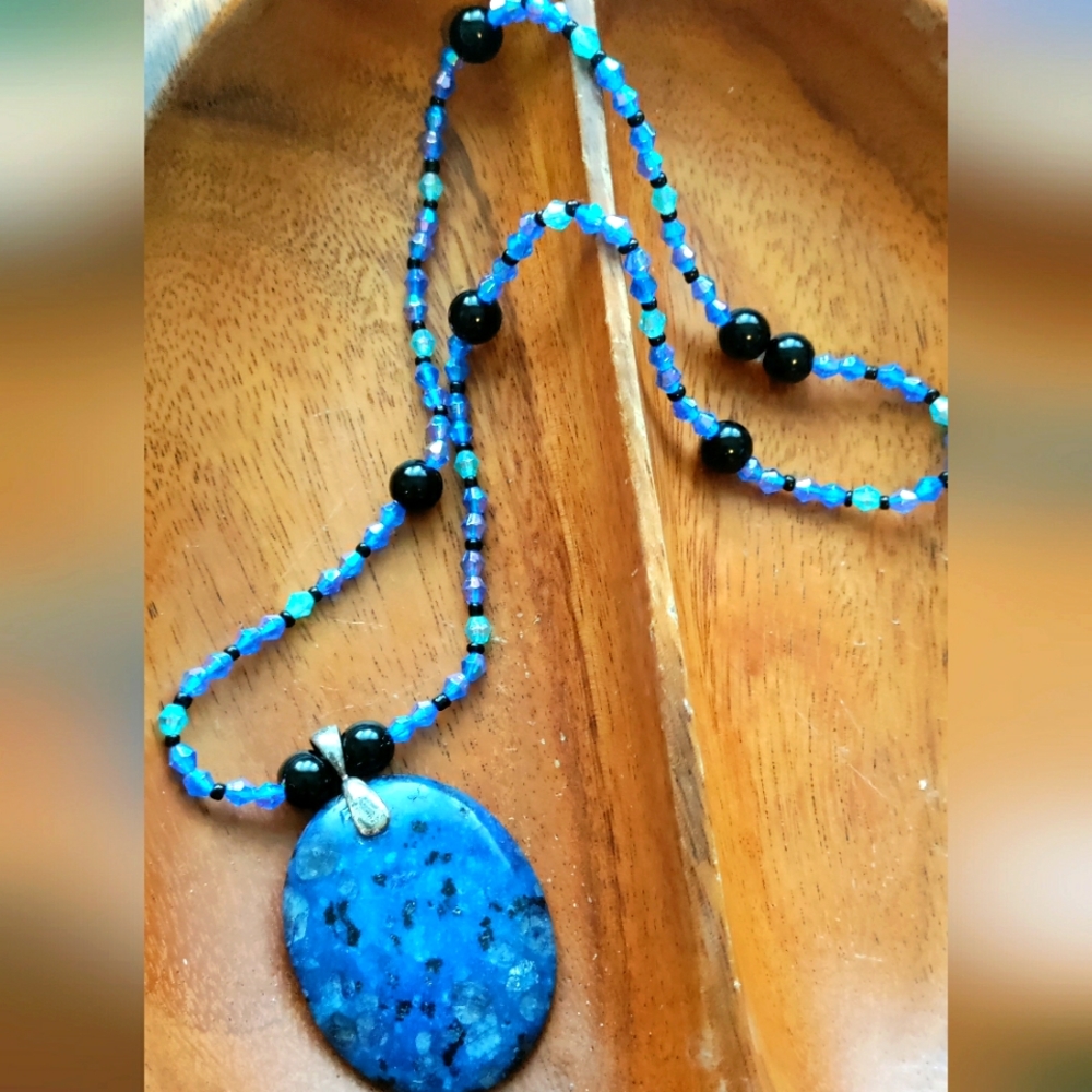 Handmade Sodalite, black onyx and irridescent beaded necklace